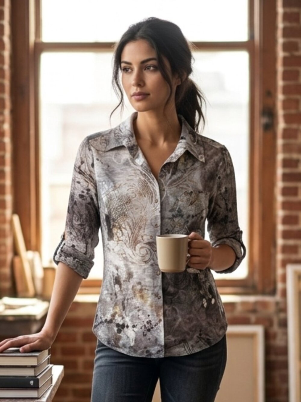 David Cline Top Womens Small Artsy Crystal Rhinestone Abstract Button Shirt USA